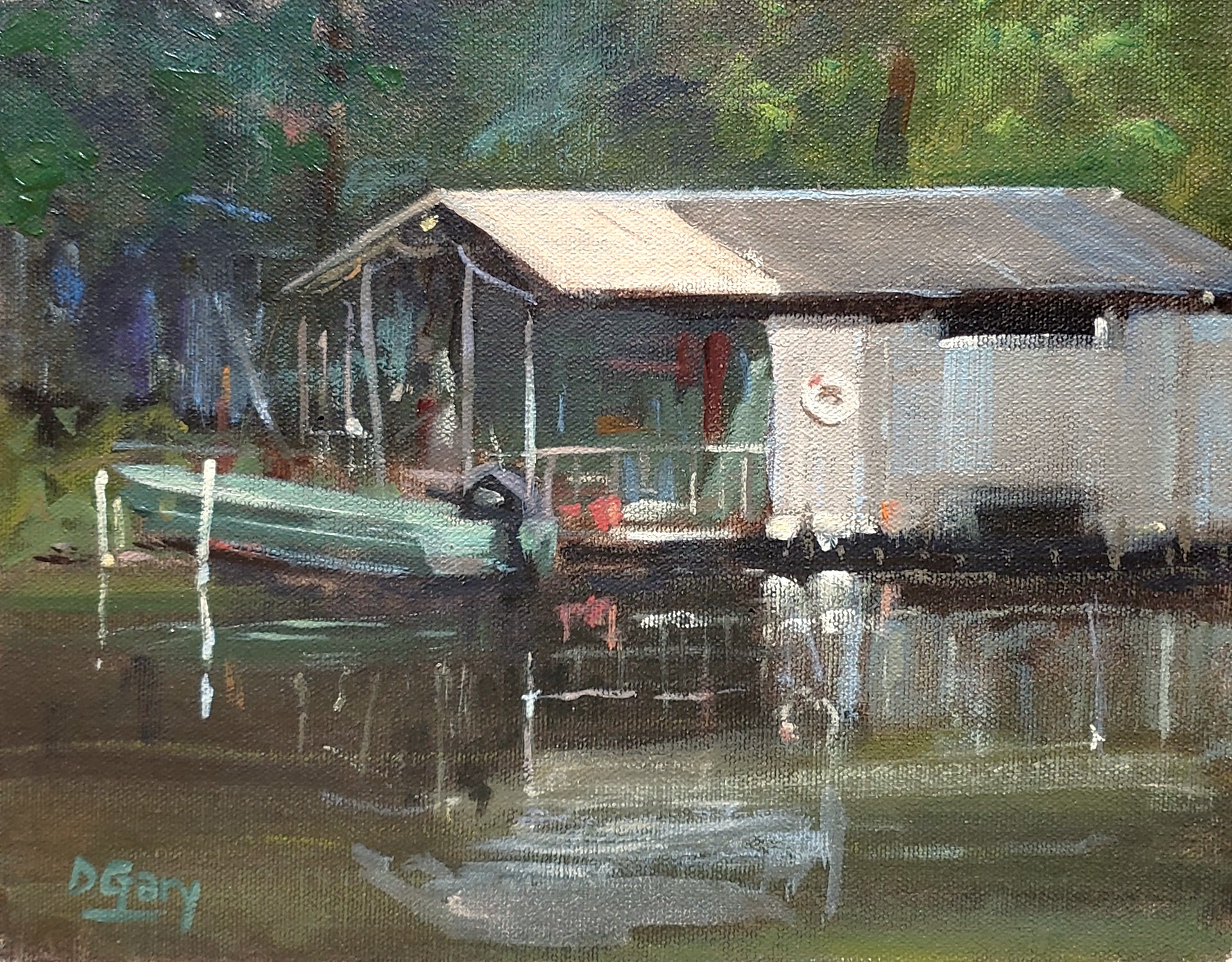 an oil painting of a houseboat in Henderson Swamp in Louisiana.