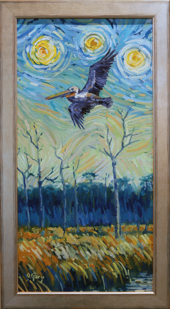Oil painting of a pelican flying over the Louisiana marsh